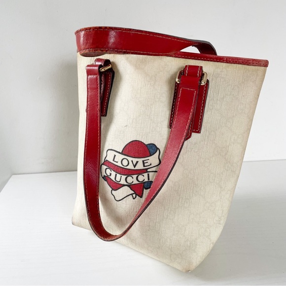 Gucci off white monogram coated canvas tattoo heart logo small tote bag - Picture 2 of 11
